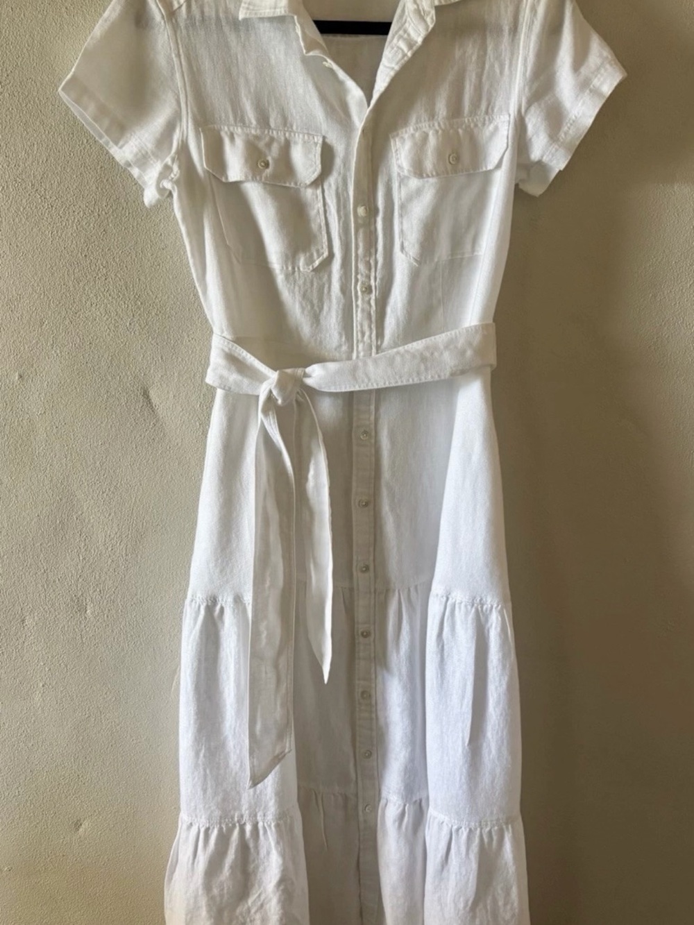 Polo by Ralph Lauren linen White Button-Front Midi Shirt Dress with Tie Waist